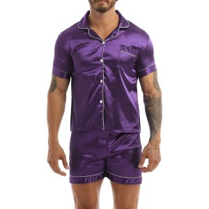 Ensemble pyjama violet short et chemise en Satin soyeux pour hommes
