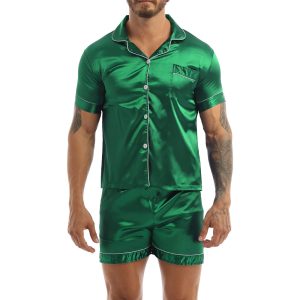 Ensemble pyjama vert short et chemise en Satin soyeux pour hommes