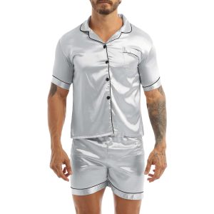 Ensemble pyjama gris short et chemise en Satin soyeux pour hommes