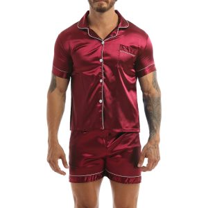 Ensemble pyjama rouge short et chemise en Satin soyeux pour hommes