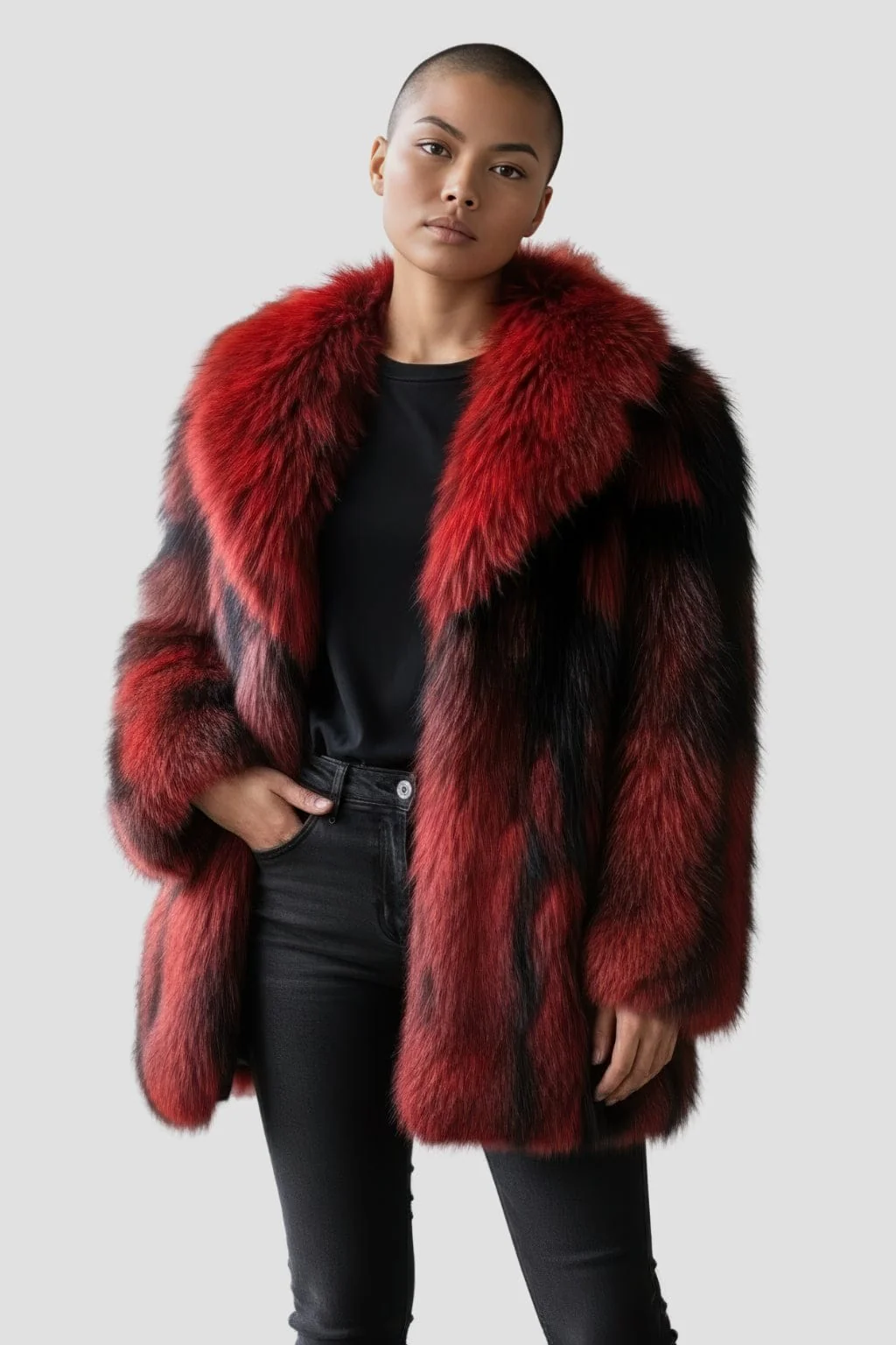 Manteau fourrure femme long rouge – Image 2