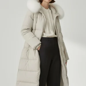 Parka longue en fourrure beige