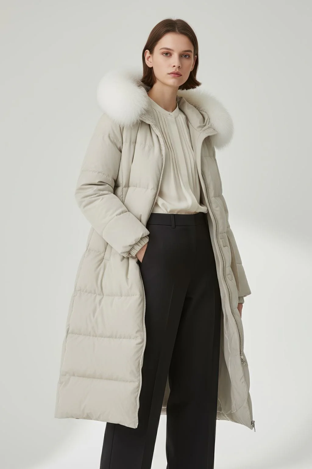 Parka longue en fourrure beige