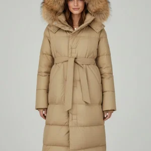 Parka longue en fourrure camel