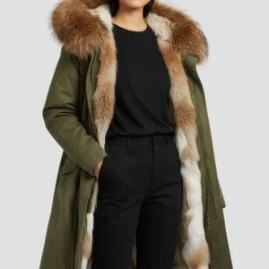 Parka longue en fourrure kaki