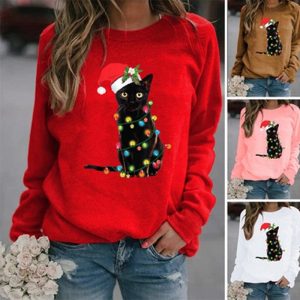 Pull avec chat de Noël à manches longues pour femme