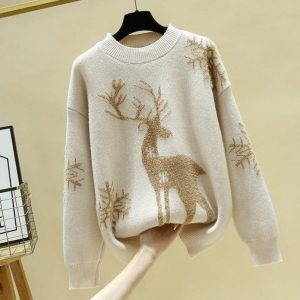 Pull en laine tricoté pour femme avec renne de Noël