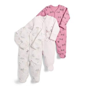 Pyjama combinaison bébé trois pièces à motif lapin et nœud