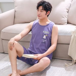 Pyjama d’été violet en coton sans manches pour homme