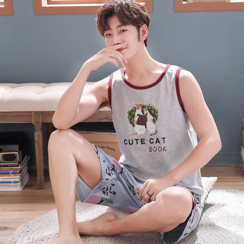 Pyjama d’été sans manche en coton à motif chat pour homme