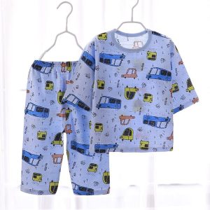 Pyjama d’été bleu gris en coton à motif voiture pour enfants