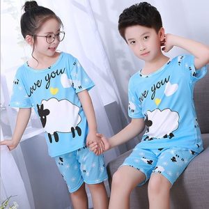 Pyjama d’été bleu à manches courtes avec imprimé Mouton pour enfant