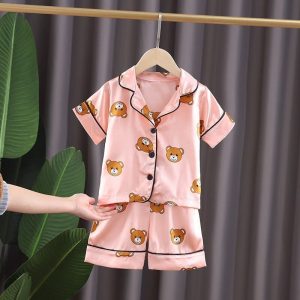 Pyjama d’été rose en coton motif ours pour enfants