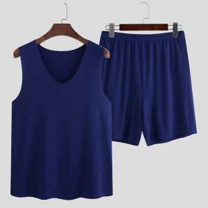 Pyjama d’été uni à col V sans manche et short pour hommes