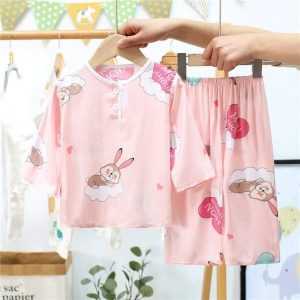 Pyjama d’été en coton manches mi-longues et motif lapin qui dort