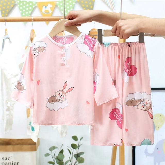 Pyjama d’été en coton manches mi-longues et motif lapin qui dort