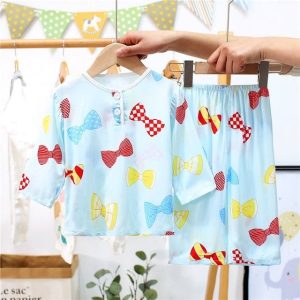 Pyjama bleu en coton à manches mi-longues avec imprimé nœud