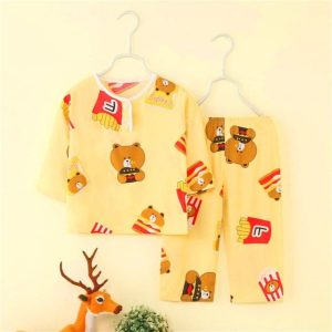 Pyjama jaune en coton manches mi-longues à motif ours pour enfant