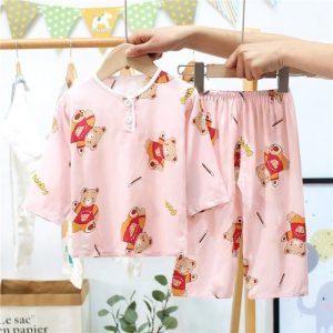 Pyjama deux pièces en coton manches mi-longues avec imprimé ours