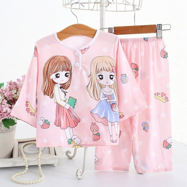Pyjama rose en coton deux pièces à motif petites filles