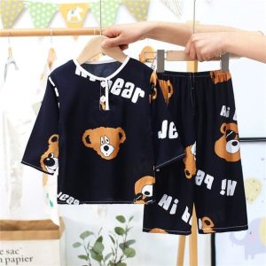 Pyjama d’été noir en coton manches mi-longues à motif ours