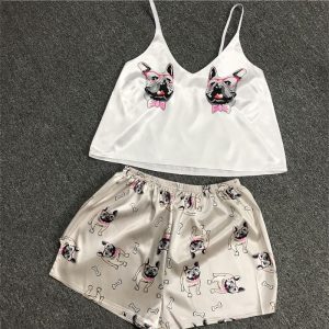 Pyjama femme sexy haut à bretelles et short avec imprimé chien