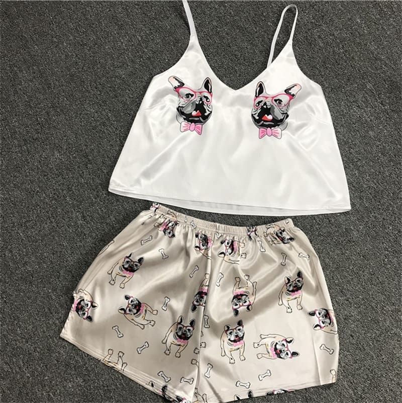 Pyjama femme sexy haut à bretelles et short avec imprimé chien