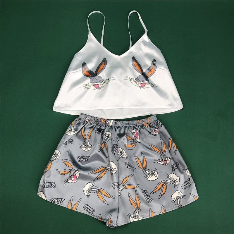 Pyjama femme sexy haut à bretelles et short à motif Buck Bunny