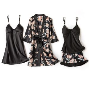 Pyjama fleuri femme quatre pièces en satin