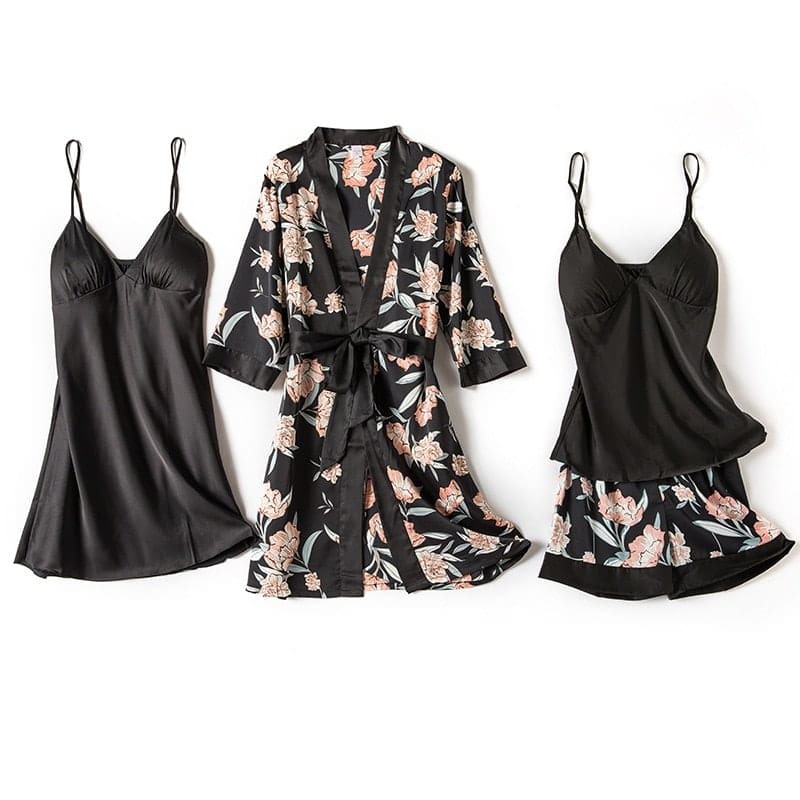 Pyjama fleuri femme quatre pièces en satin