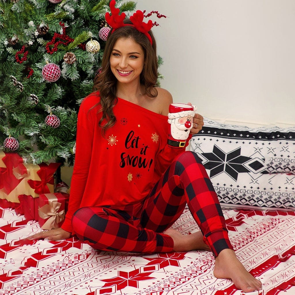 Pyjama imprimé de noël pour femmes épaules dénudées – Image 2
