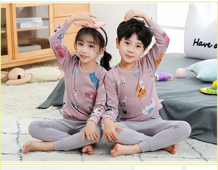 Pyjama printemps avec pull rose et pantalon gris pour enfants – Image 2