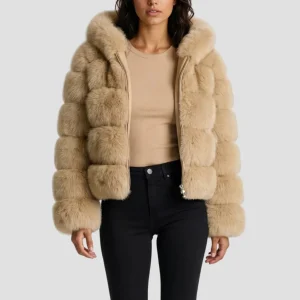 Veste à fourrure avec capuche beige