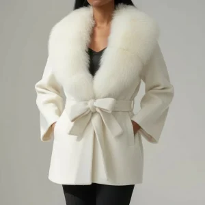 Veste cachemire fourrure femme blanc