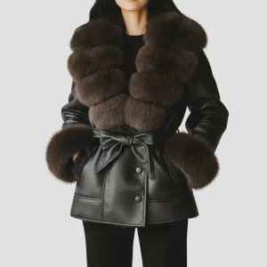 Veste fourrure femme cuir noire