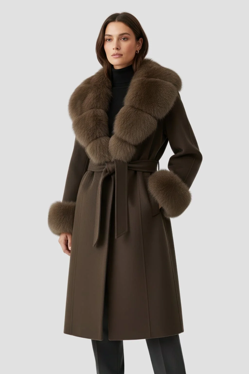 Veste longue en fourrure marron